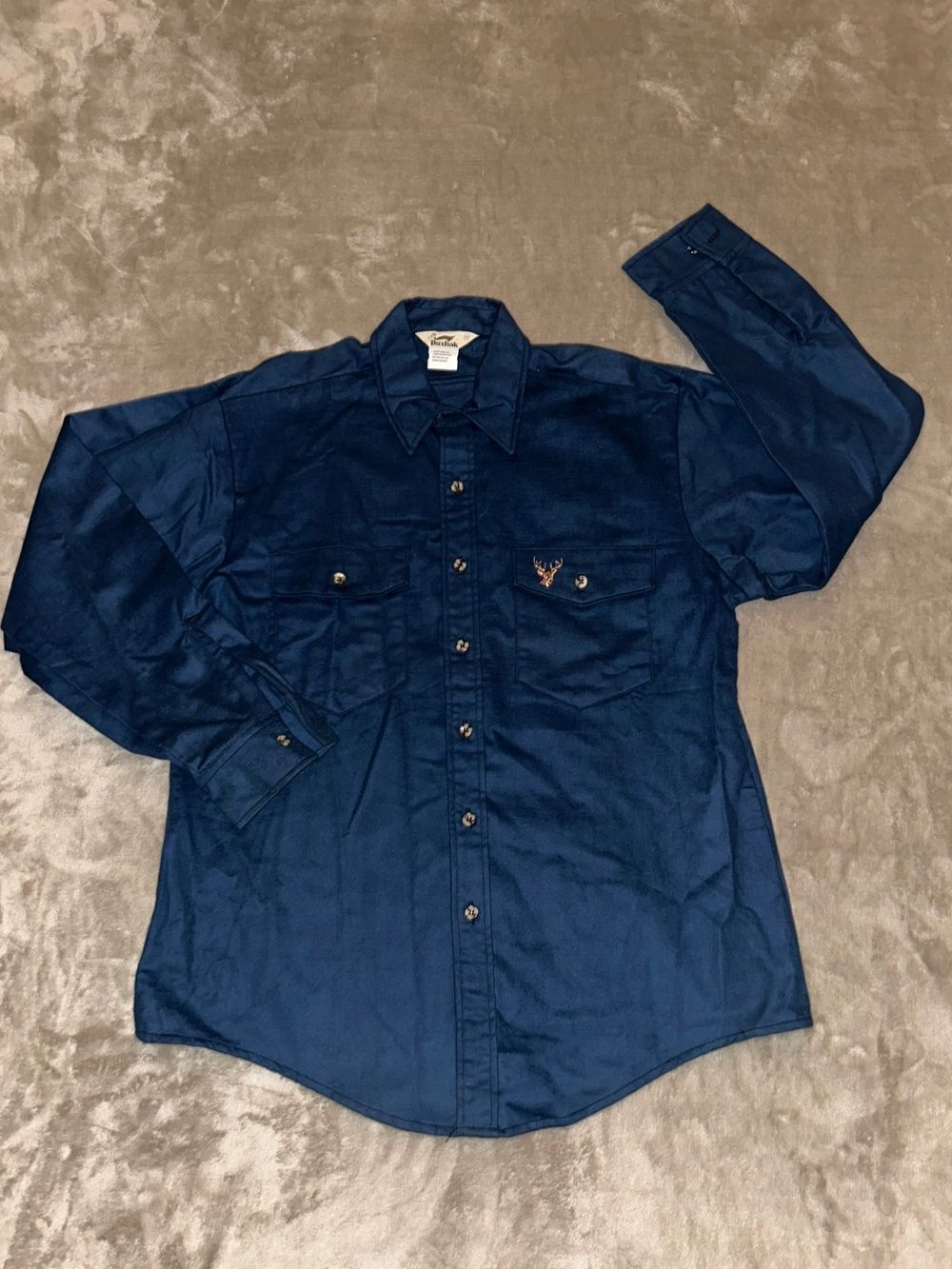 Vintage Men's Duxbak XL Flannel Button-Up Shirt Navy w/ Deer Embroidery